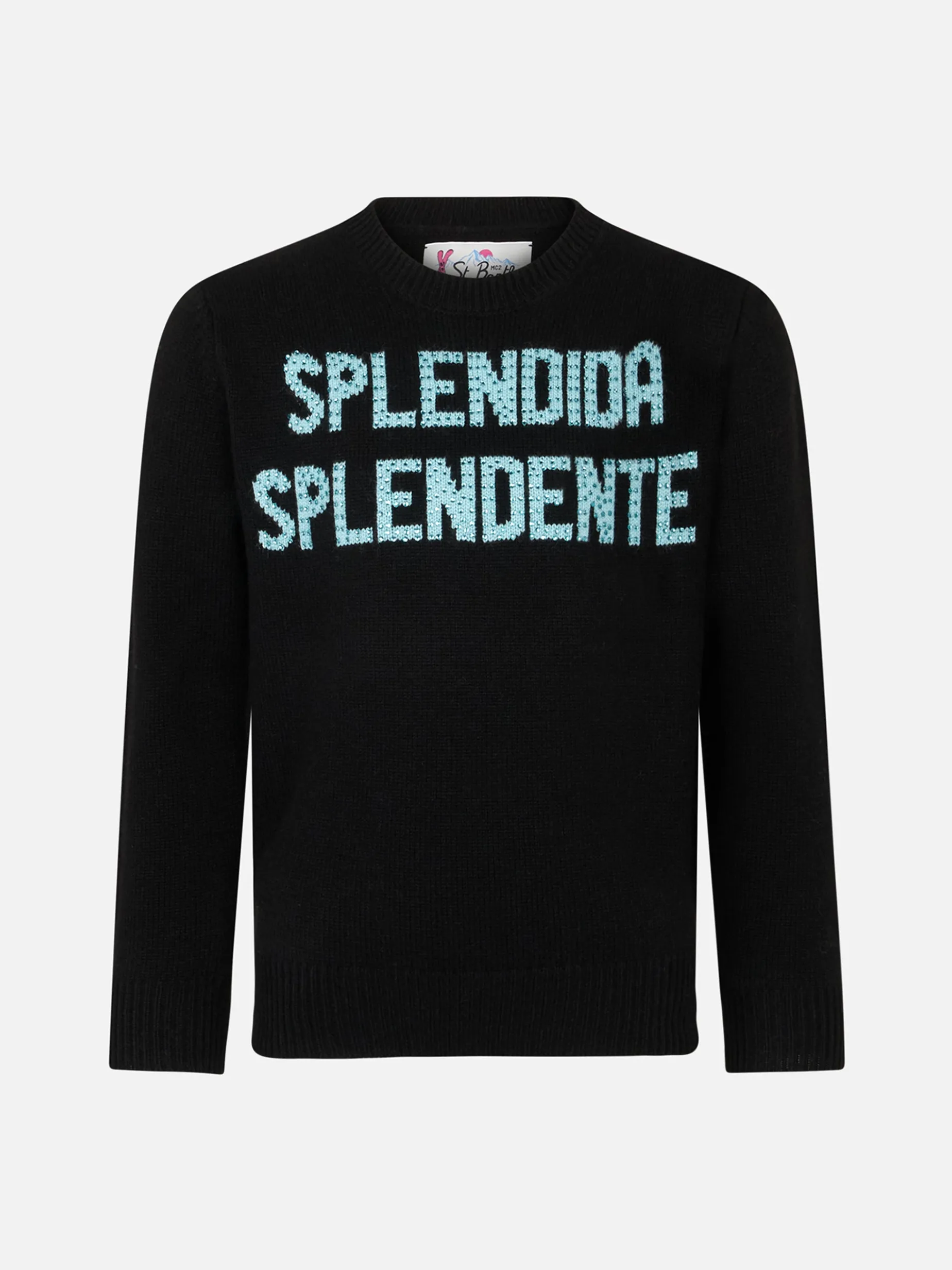 Schwarzer Mädchenpullover mit Rundhalsausschnitt und Splendida Splendente-Strassaufdruck | NIKI DJ SONDEREDITION