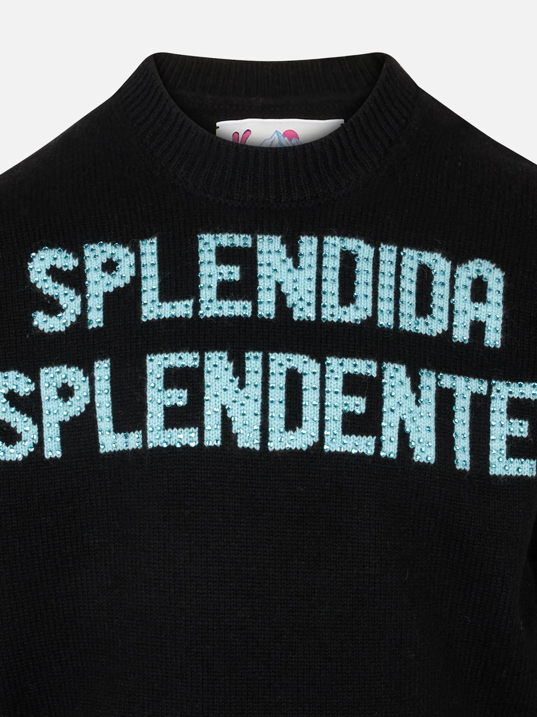 Schwarzer Mädchenpullover mit Rundhalsausschnitt und Splendida Splendente-Strassaufdruck | NIKI DJ SONDEREDITION