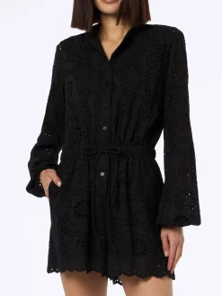 Schwarzer Playsuit Julian aus Baumwolle mit Sangallo-Spitze für Damen