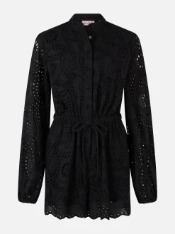 Schwarzer Playsuit Julian aus Baumwolle mit Sangallo-Spitze für Damen
