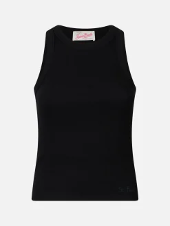 Schwarzes Tanktop aus gerippter Baumwolle für Damen
