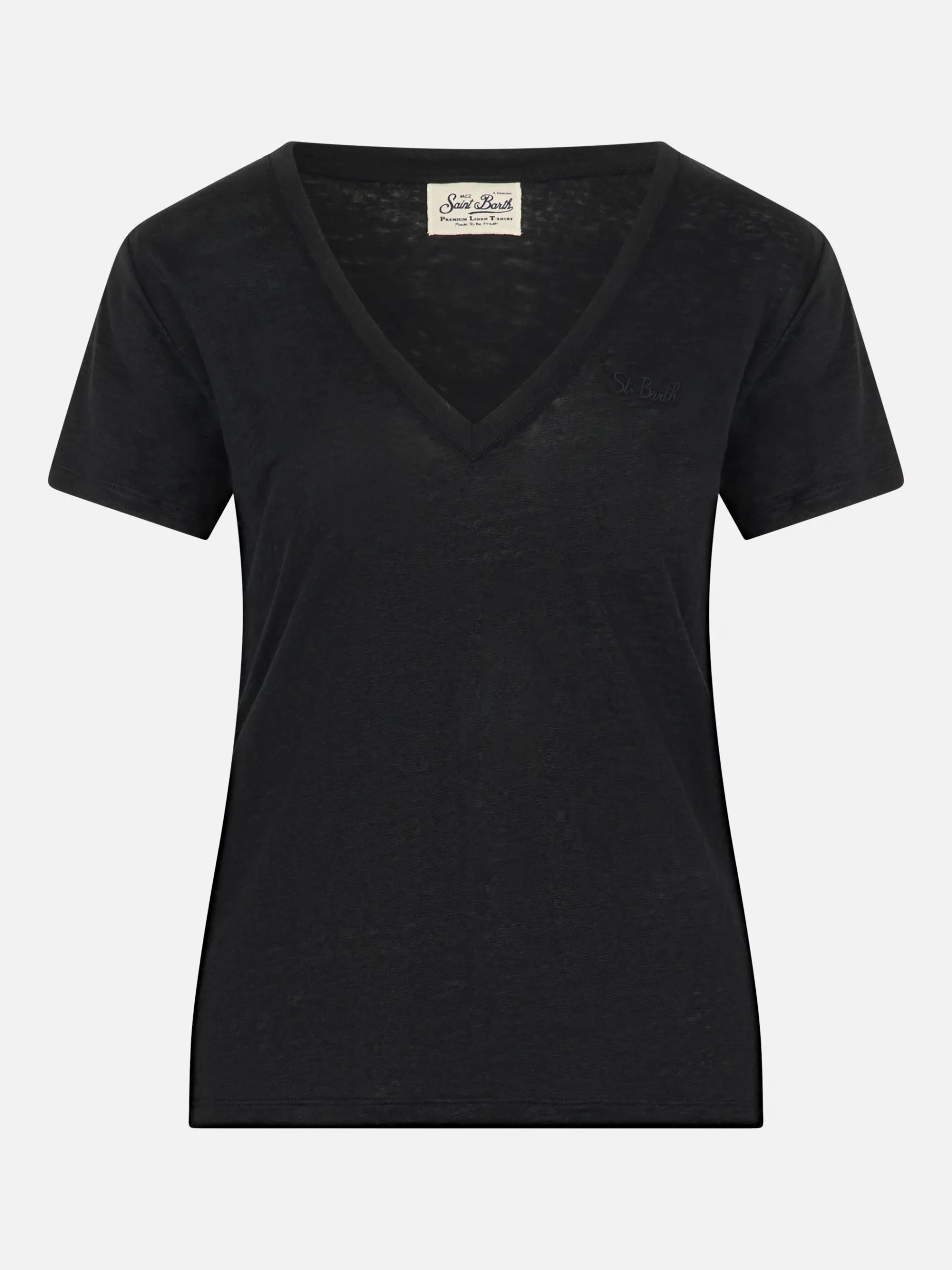 Schwarzes T-Shirt mit V-Ausschnitt aus Leinenjersey Eloise