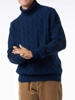 Schwerer, geflochtener, blauer Vintage-Pullover mit Rollkragen für Herren