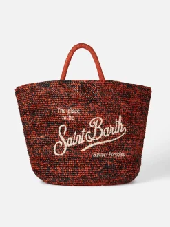 Tasche aus Bast in Schwarz und Orange mit Stickerei vorne