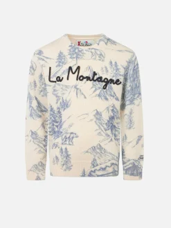 Toile de Jouy-Pullover für Jungen mit Rundhalsausschnitt und La Montagne-Stickerei