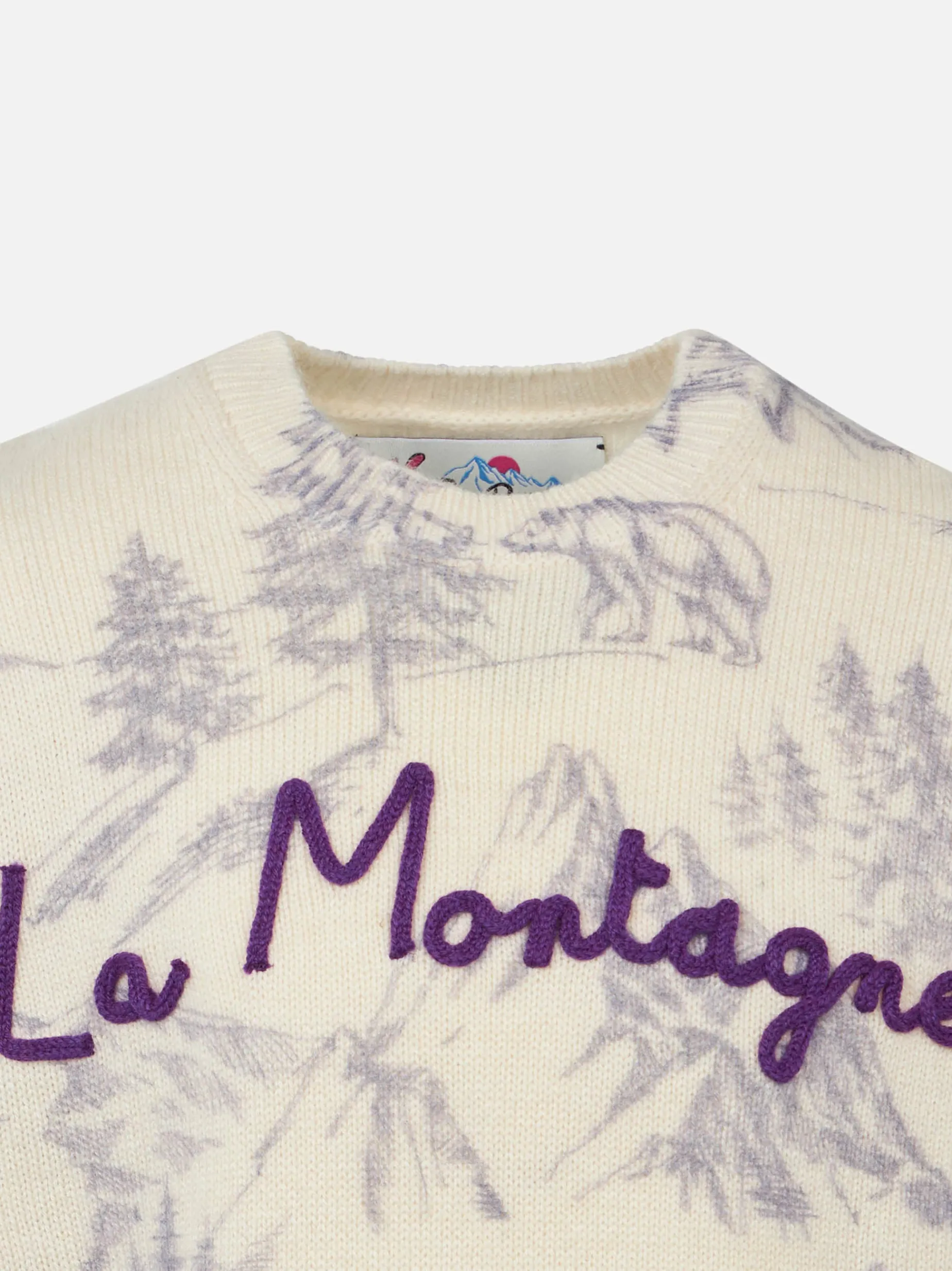 Toile de Jouy-Pullover für Mädchen mit Rundhalsausschnitt und La Montagne-Stickerei