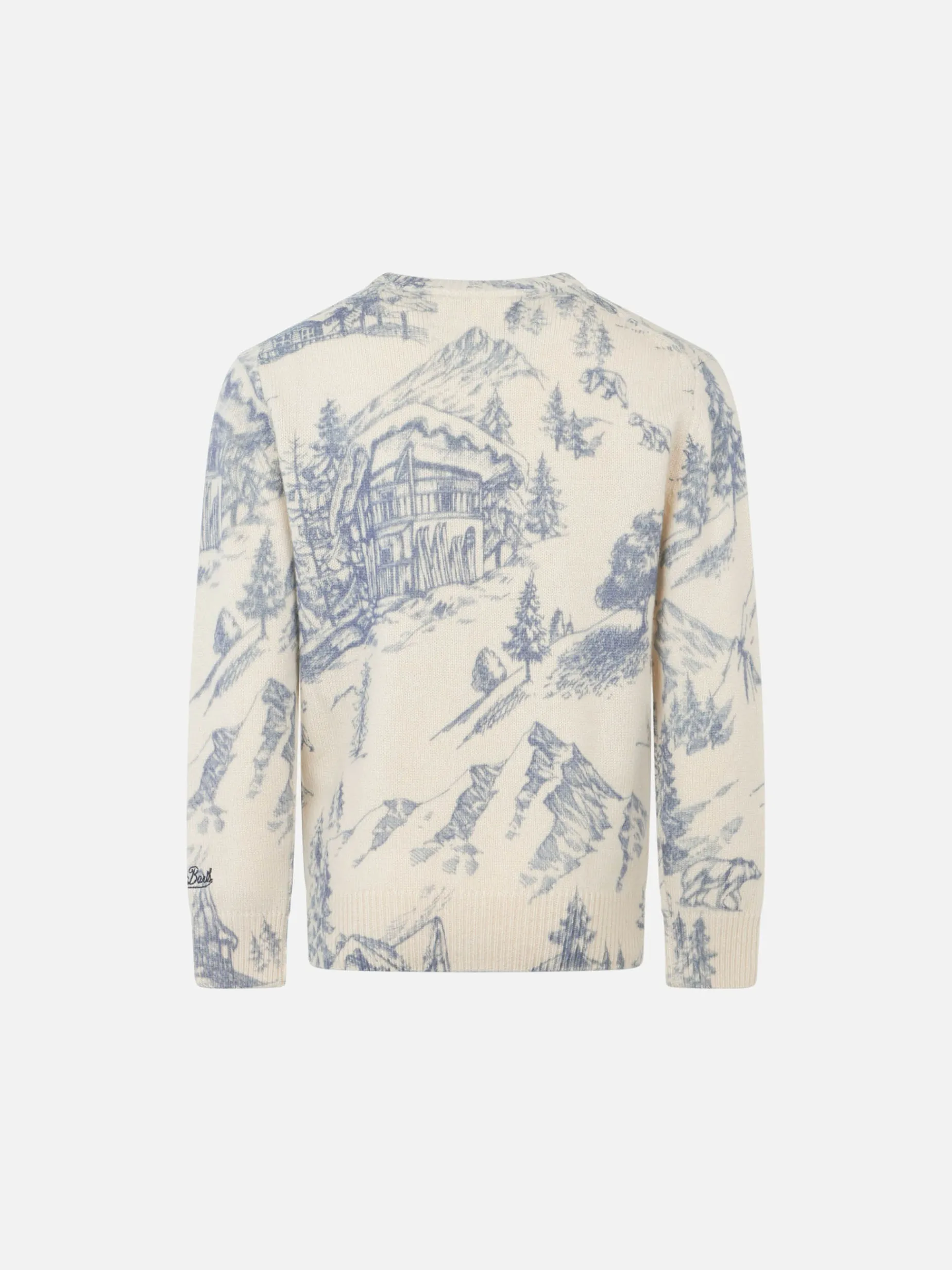 Toile de Jouy-Pullover für Jungen mit Rundhalsausschnitt und La Montagne-Stickerei