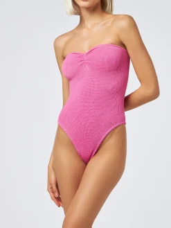 Trägerloser Damen-Badeanzug Soleil aus fuchsiafarbenem Lurex