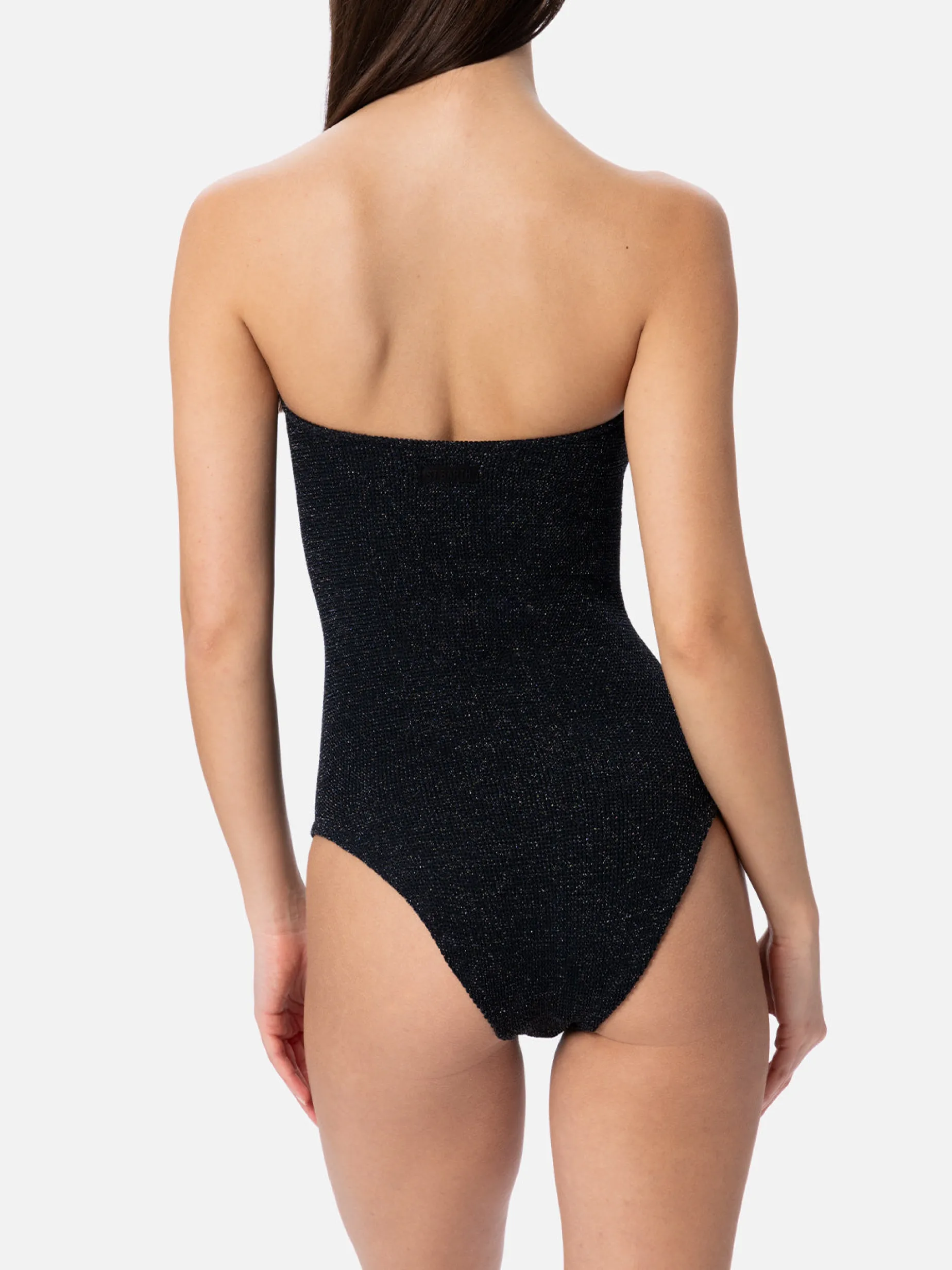 Trägerloser Damen-Badeanzug Soleil aus schwarzem Lurex