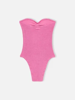 Trägerloser Damen-Badeanzug Soleil aus fuchsiafarbenem Lurex