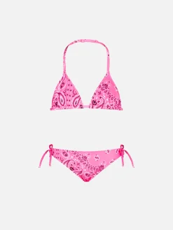 Triangel-Bikini für Mädchen mit Bandana-Print in Neonrosa