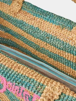 Türkis gestreifte Raffia-Strandtasche mit Baumwollbeutel