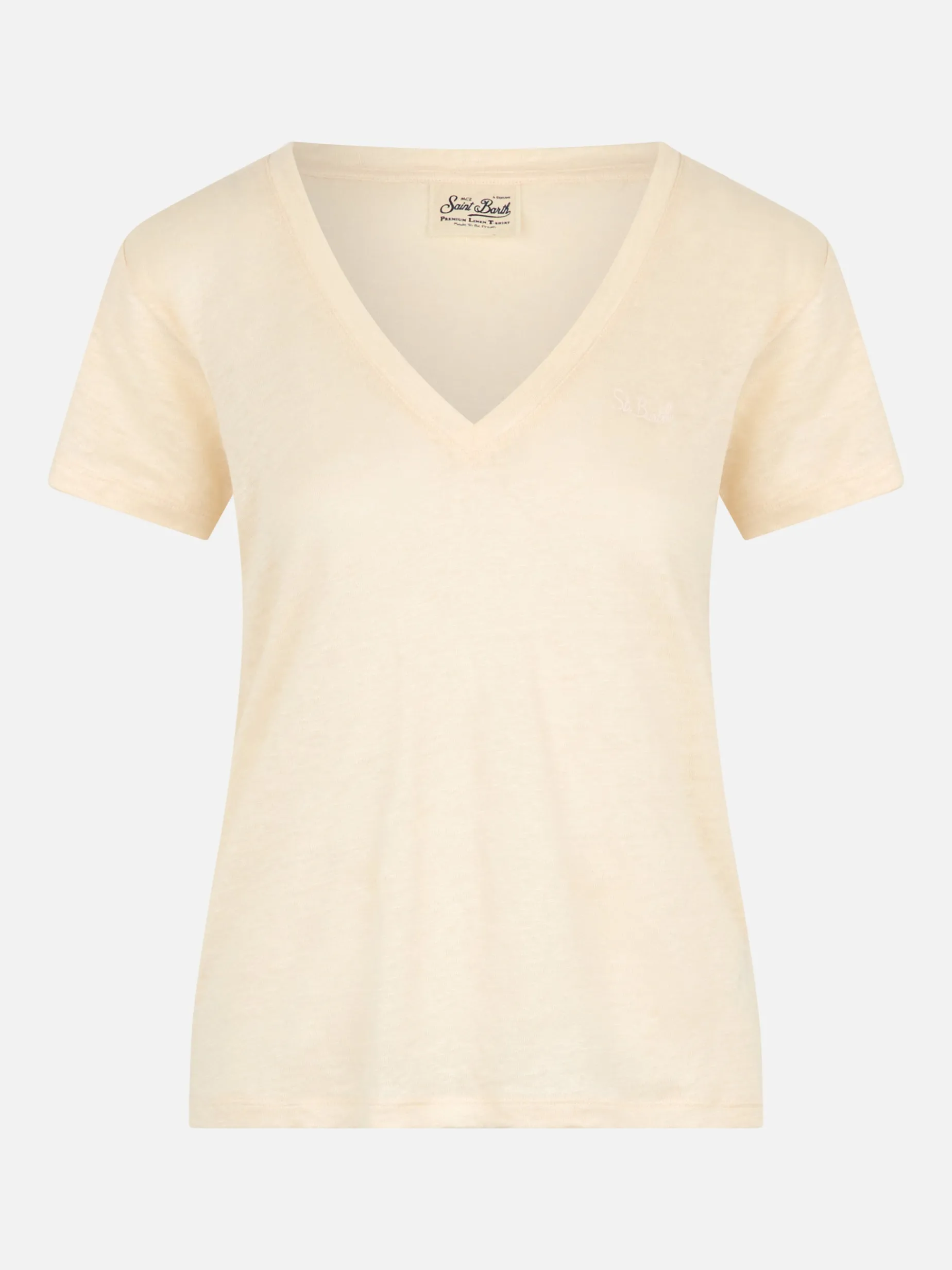 T-Shirt Eloise aus cremefarbenem Leinenjersey mit V-Ausschnitt