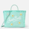 Wassergrüne Colette Strohhandtasche mit Blumenholzperlenverzierung