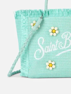 Wassergrüne Colette Strohhandtasche mit Blumenholzperlenverzierung