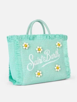 Wassergrüne Colette Strohhandtasche mit Blumenholzperlenverzierung