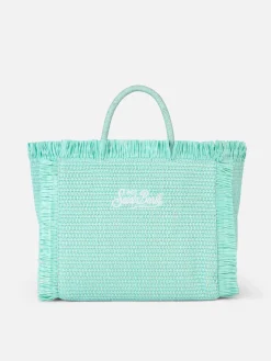 Wassergrüne Colette Strohhandtasche mit Blumenholzperlenverzierung