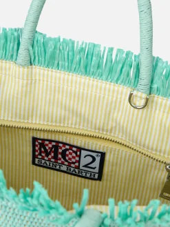 Wassergrüne Colette Strohhandtasche mit Blumenholzperlenverzierung
