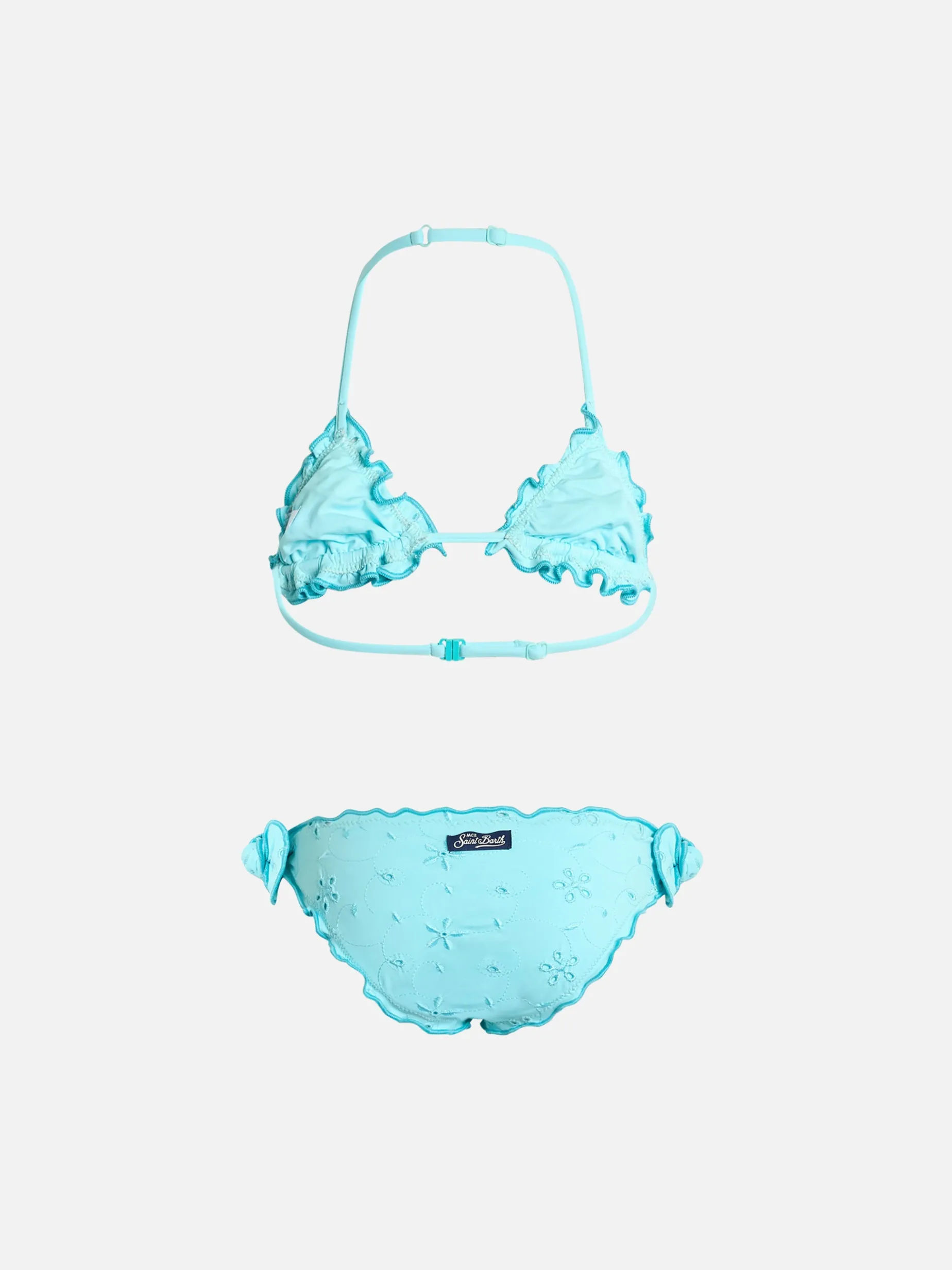 Wassergrüner klassischer Triangel-Bikini Cris für Mädchen mit Sangallo-Stickerei