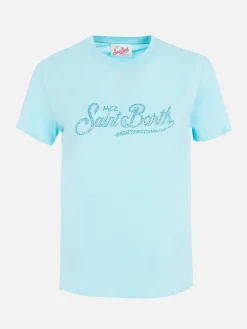 Wassergrünes Damen-T-Shirt Emilie aus Baumwolljersey mit Rundhalsausschnitt und Strasssteinen