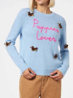 Weicher Damenpullover mit Rundhalsausschnitt, Häkelaufnäher mit Hunden und Stickerei „Puppies Lover“.