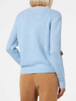 Weicher Damenpullover mit Rundhalsausschnitt, Häkelaufnäher mit Hunden und Stickerei „Puppies Lover“.