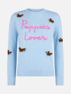 Weicher Damenpullover mit Rundhalsausschnitt, Häkelaufnäher mit Hunden und Stickerei „Puppies Lover“.