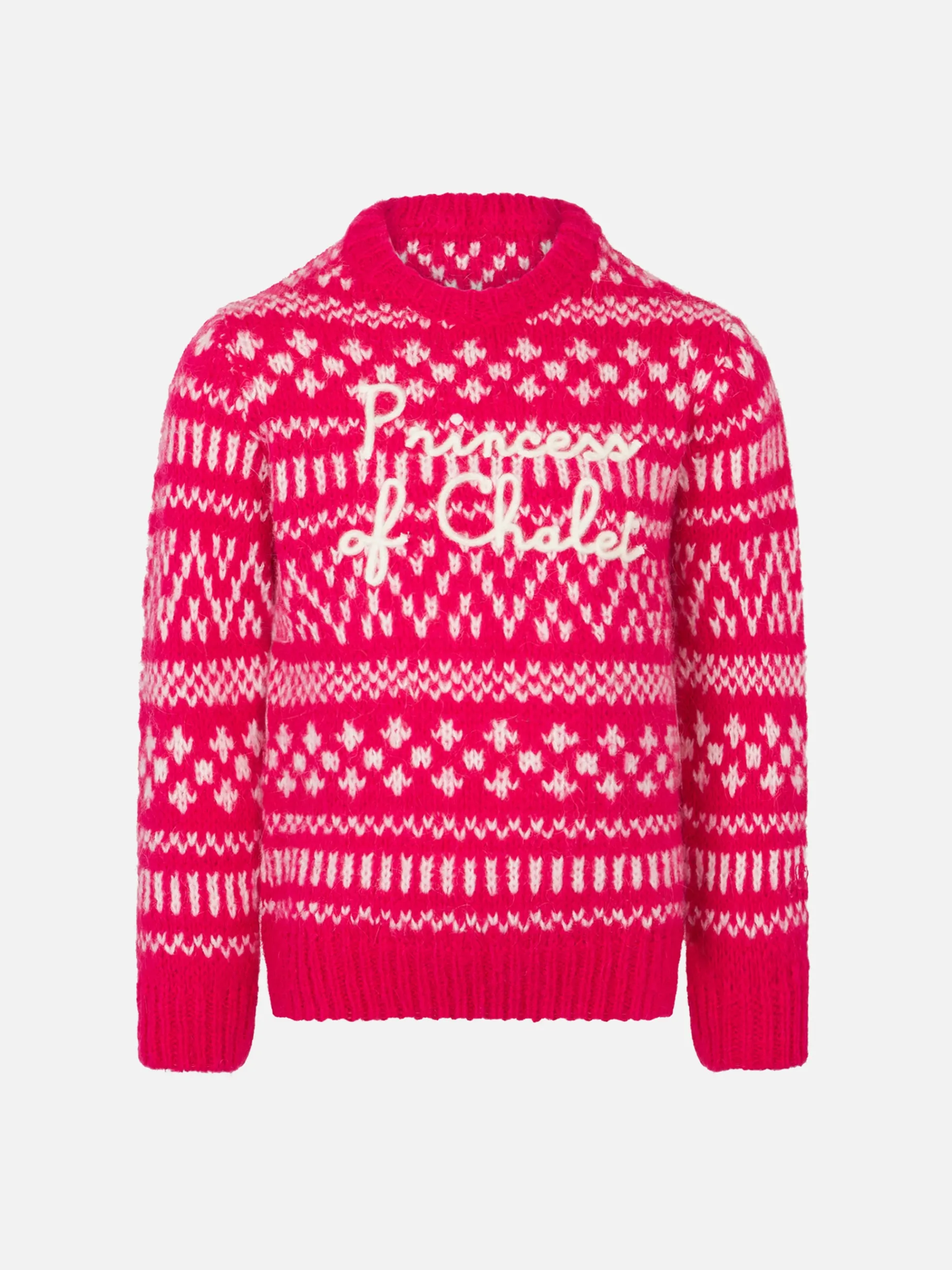 Weicher Mädchenpullover mit Rundhalsausschnitt, Fair-Isle-Print und Princess of Chalet-Stickerei