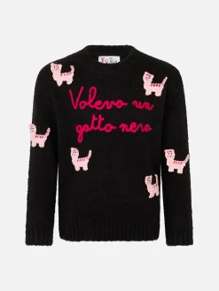 Weicher Mädchenpullover mit Rundhalsausschnitt, gehäkeltem Katzenaufnäher und Volevo un Gatto Nero-Stickerei