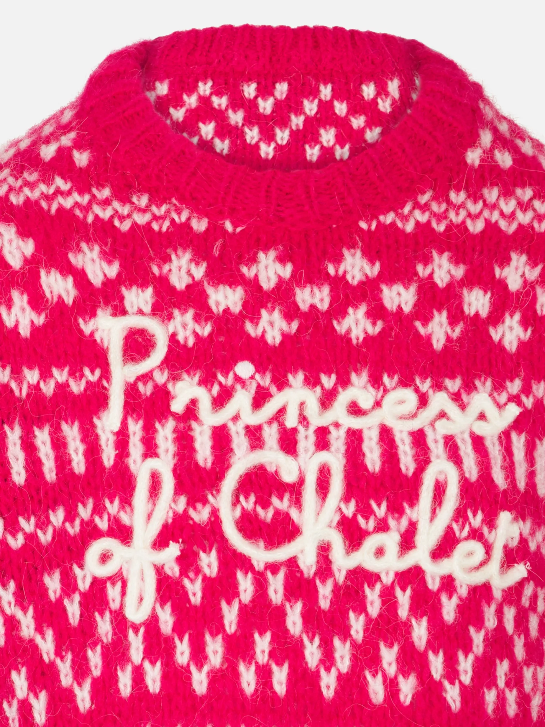 Weicher Mädchenpullover mit Rundhalsausschnitt, Fair-Isle-Print und Princess of Chalet-Stickerei