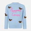 Weicher Pullover für Mädchen mit Rundhalsausschnitt, Häkelaufnäher mit Hunden und Stickerei „Puppies Lover“.