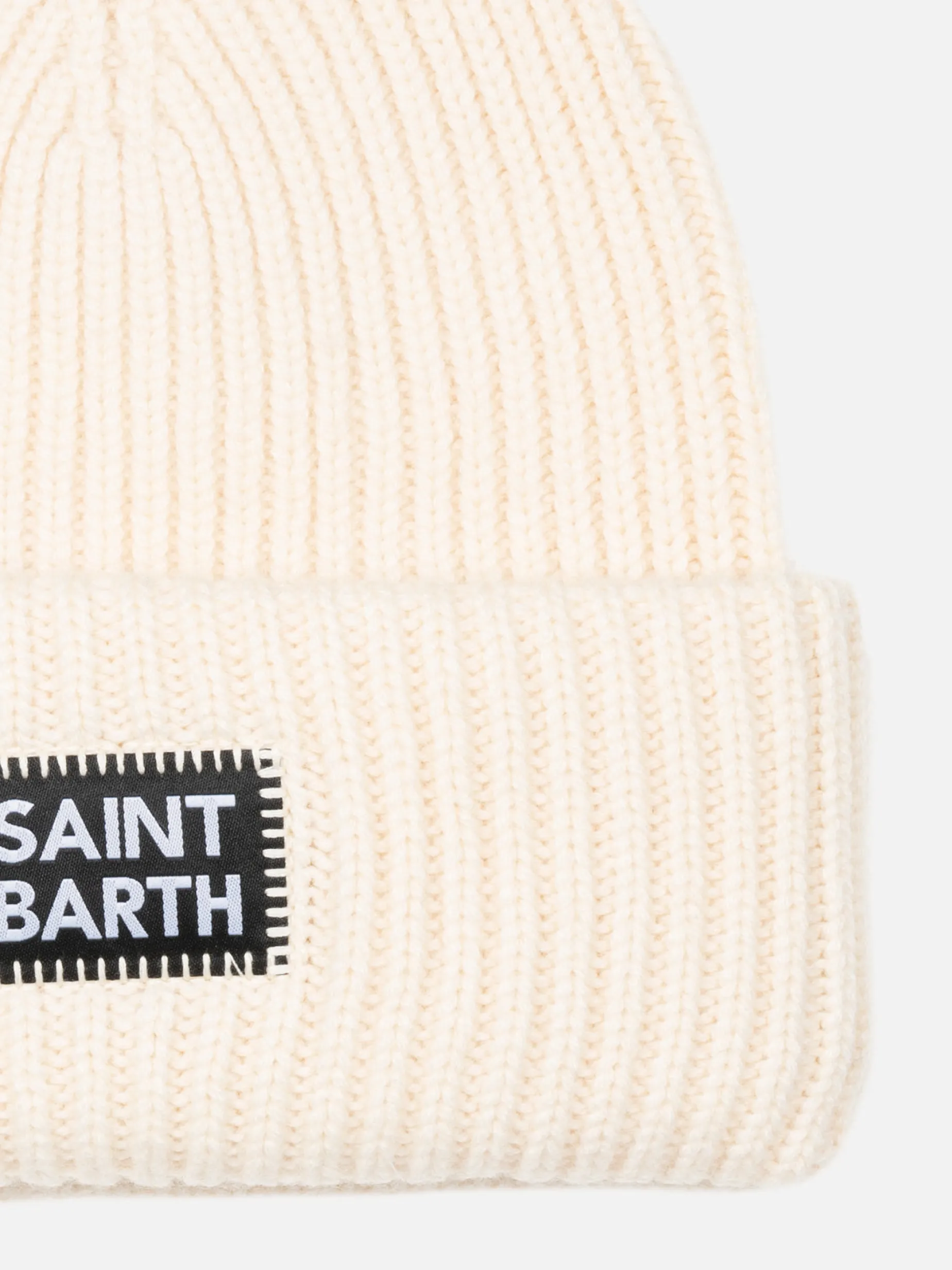 Weiße, beerenfarbene Rippstrickmütze für Kinder mit Saint Barth-Aufnäher
