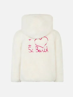 Weiße Pelzjacke für Mädchen mit „I Love St. Barth“-Stickerei