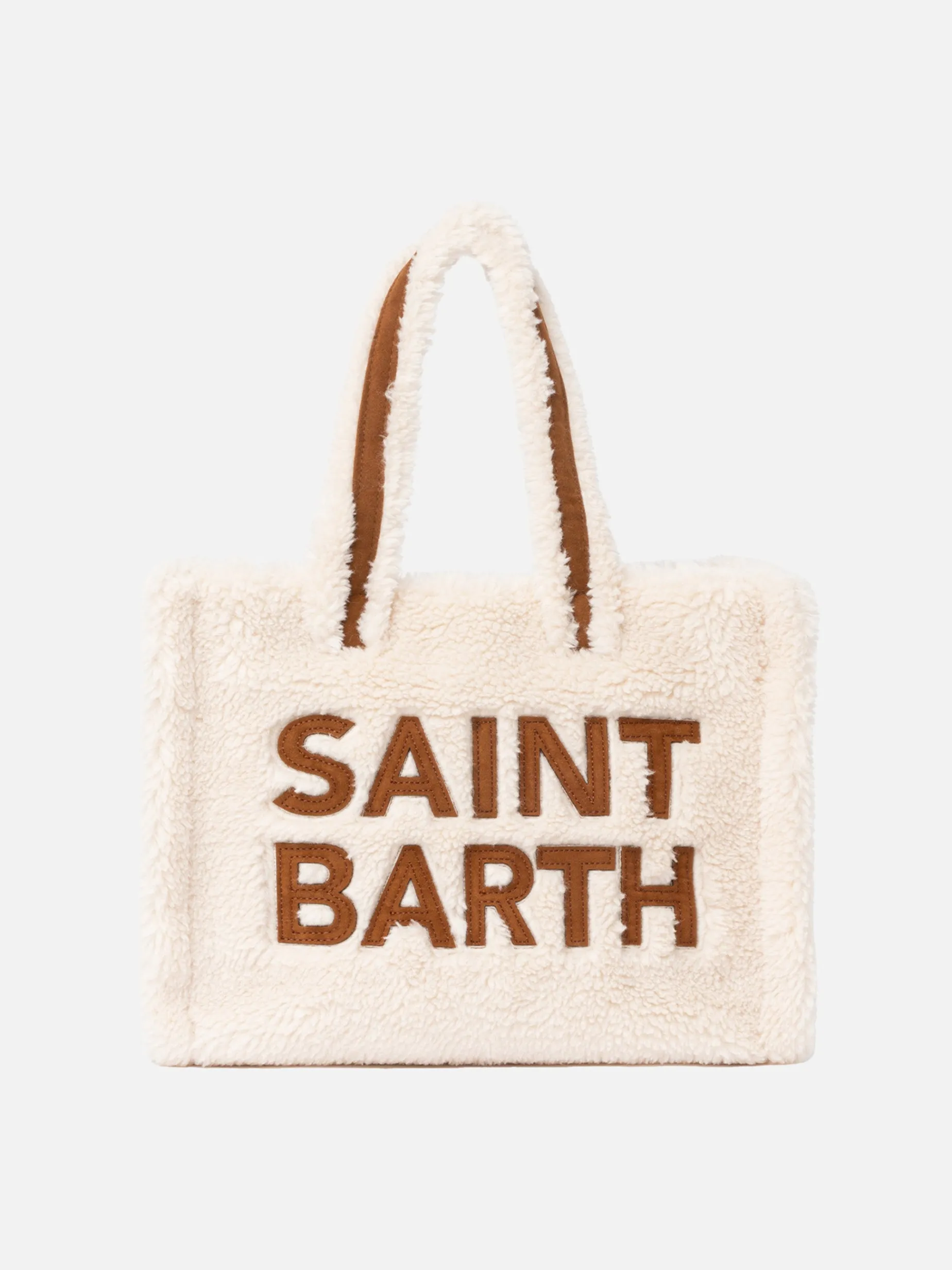 Weiße Soft Bag Small aus Teddyfell mit Saint Barth-Logo und Schultergurt