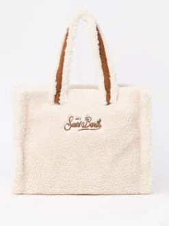 Weiße Soft Bag Small aus Teddyfell mit Saint Barth-Logo und Schultergurt