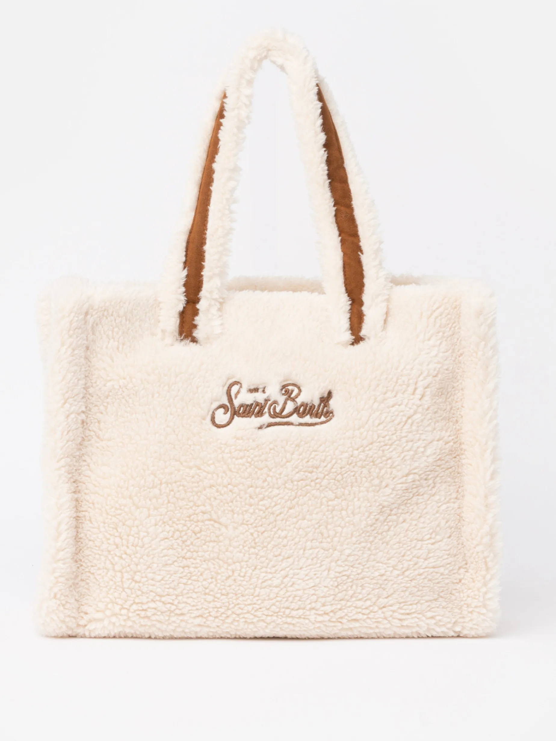 Weiße Soft Bag Small aus Teddyfell mit Saint Barth-Logo und Schultergurt