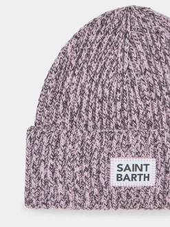 Weiße und rosa Mouliné-Mütze für Damen mit Saint-Barth-Stickerei