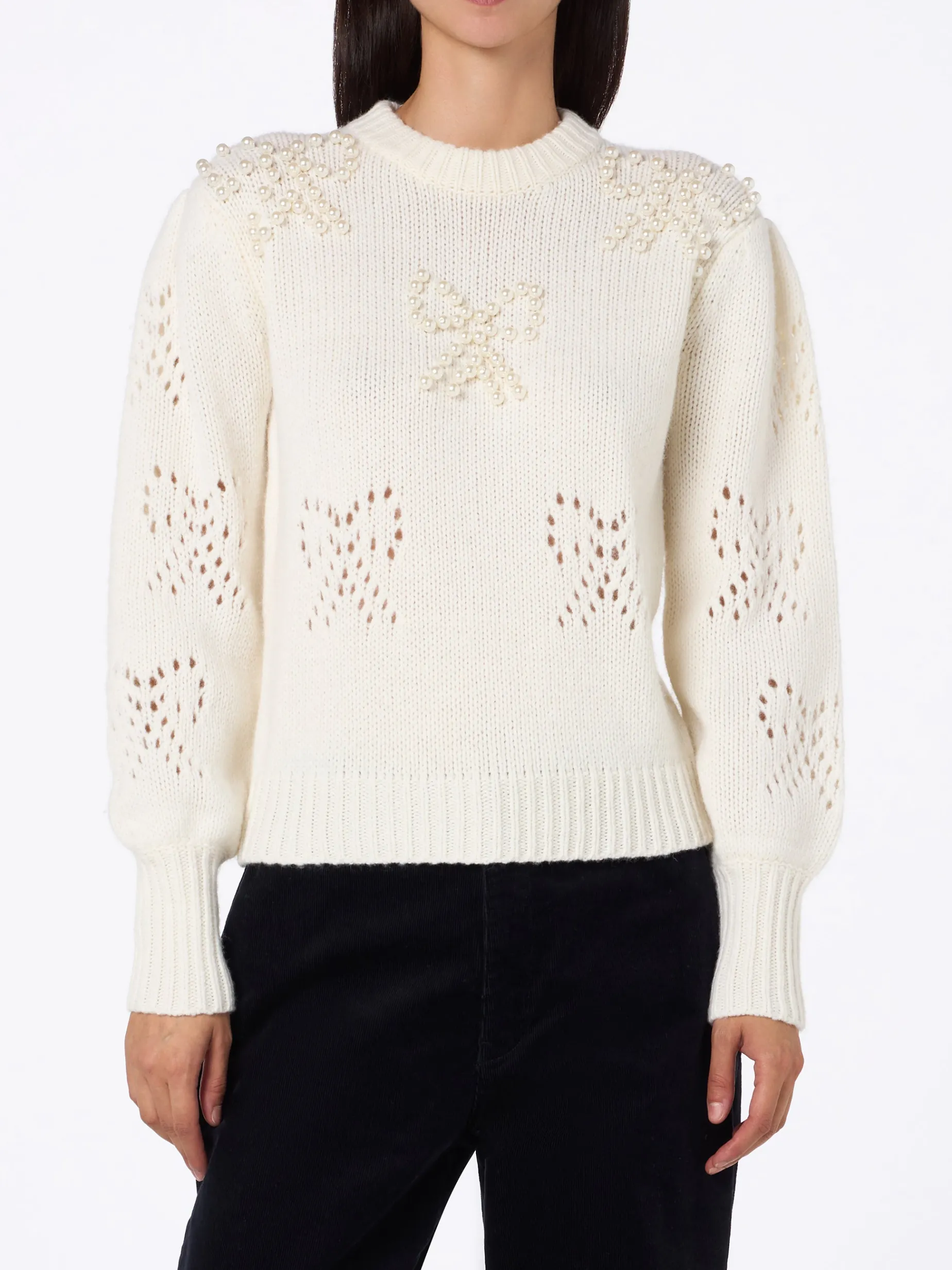 Weißer Damenpullover Bloom mit perlenartigen Perlen
