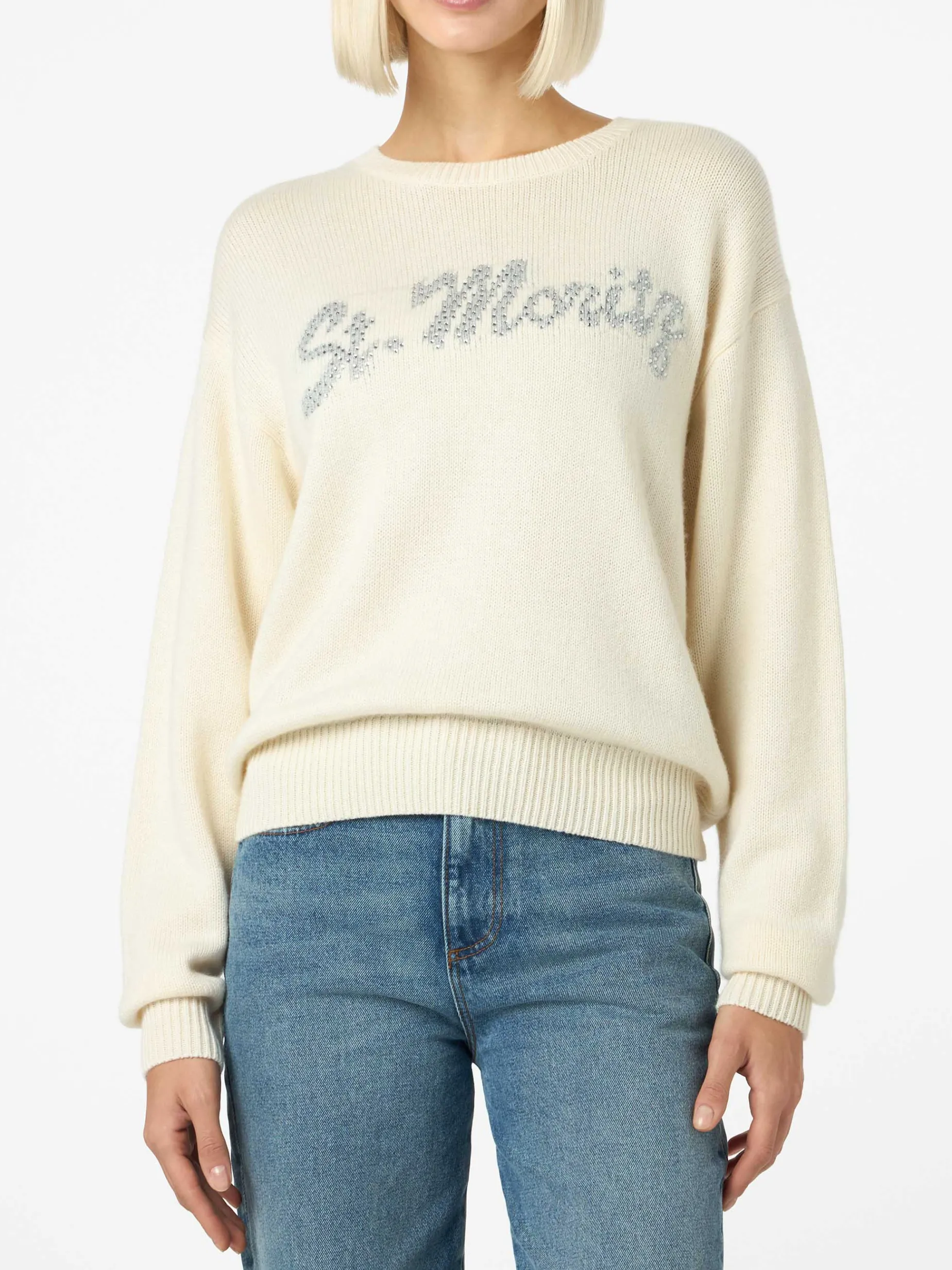 Weißer Damenpullover Louise mit St. Moritz Strass-Verzierung | ST. MORITZ TOP OF THE WORLD SPECIAL EDITION