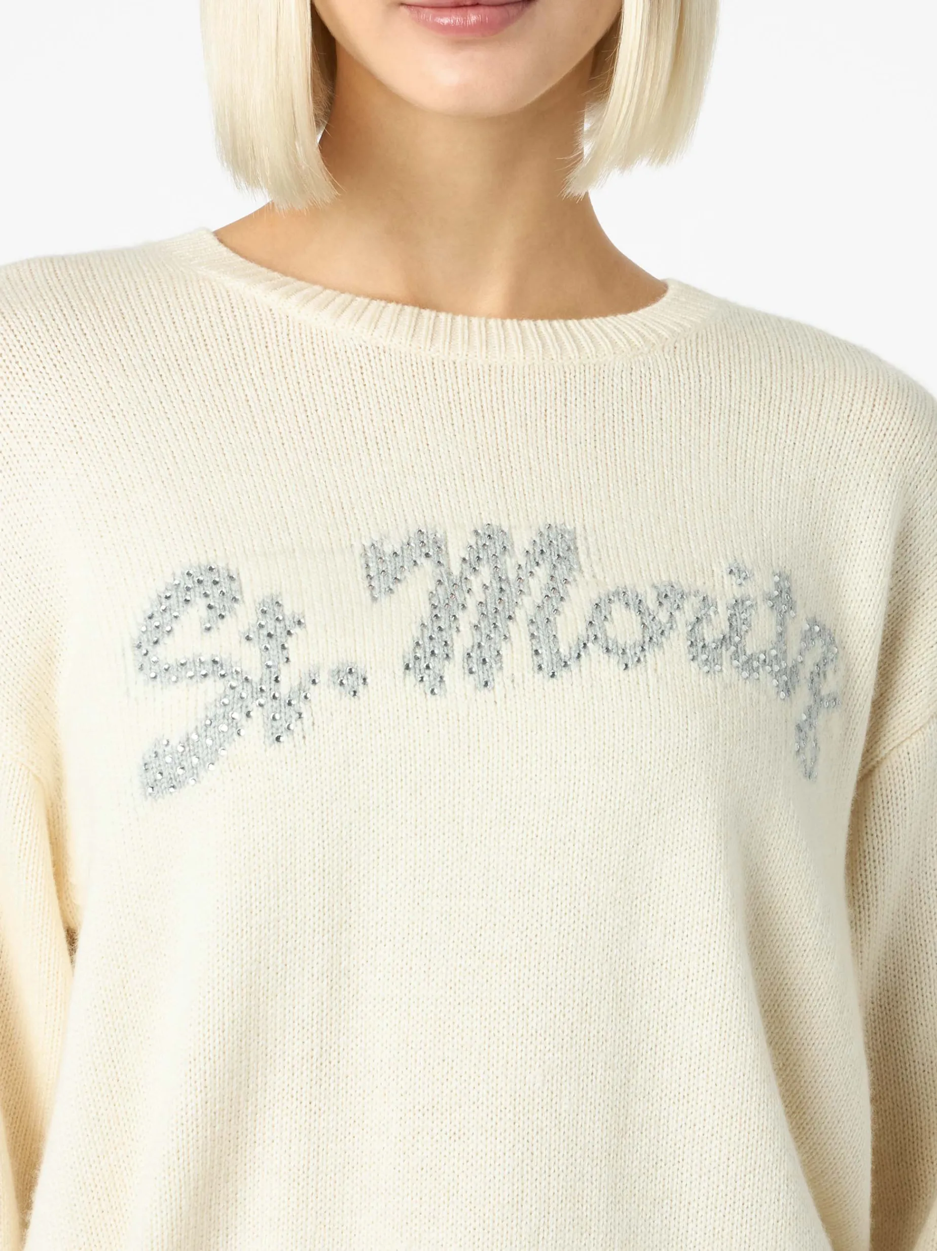 Weißer Damenpullover Louise mit St. Moritz Strass-Verzierung | ST. MORITZ TOP OF THE WORLD SPECIAL EDITION