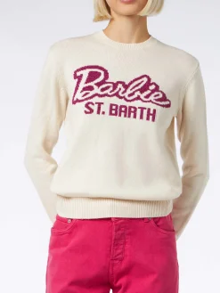 Weißer Damenpullover mit Rundhalsausschnitt und Barbie-Aufdruck | BARBIE-SONDEREDITION