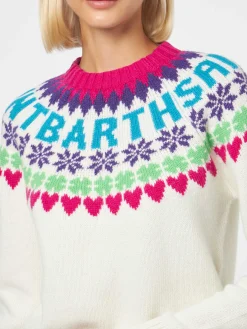 Weißer Damenpullover mit Rundhalsausschnitt und Fair-Isle-Herzdruck