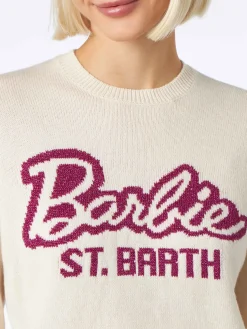 Weißer Damenpullover mit Rundhalsausschnitt und Barbie-Aufdruck | BARBIE-SONDEREDITION