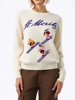 Weißer Damenpullover New Queen Jacquard-Print St. Moriz Ski Girls | ST. MORITZ TOP OF THE WORLD SPECIAL EDITION