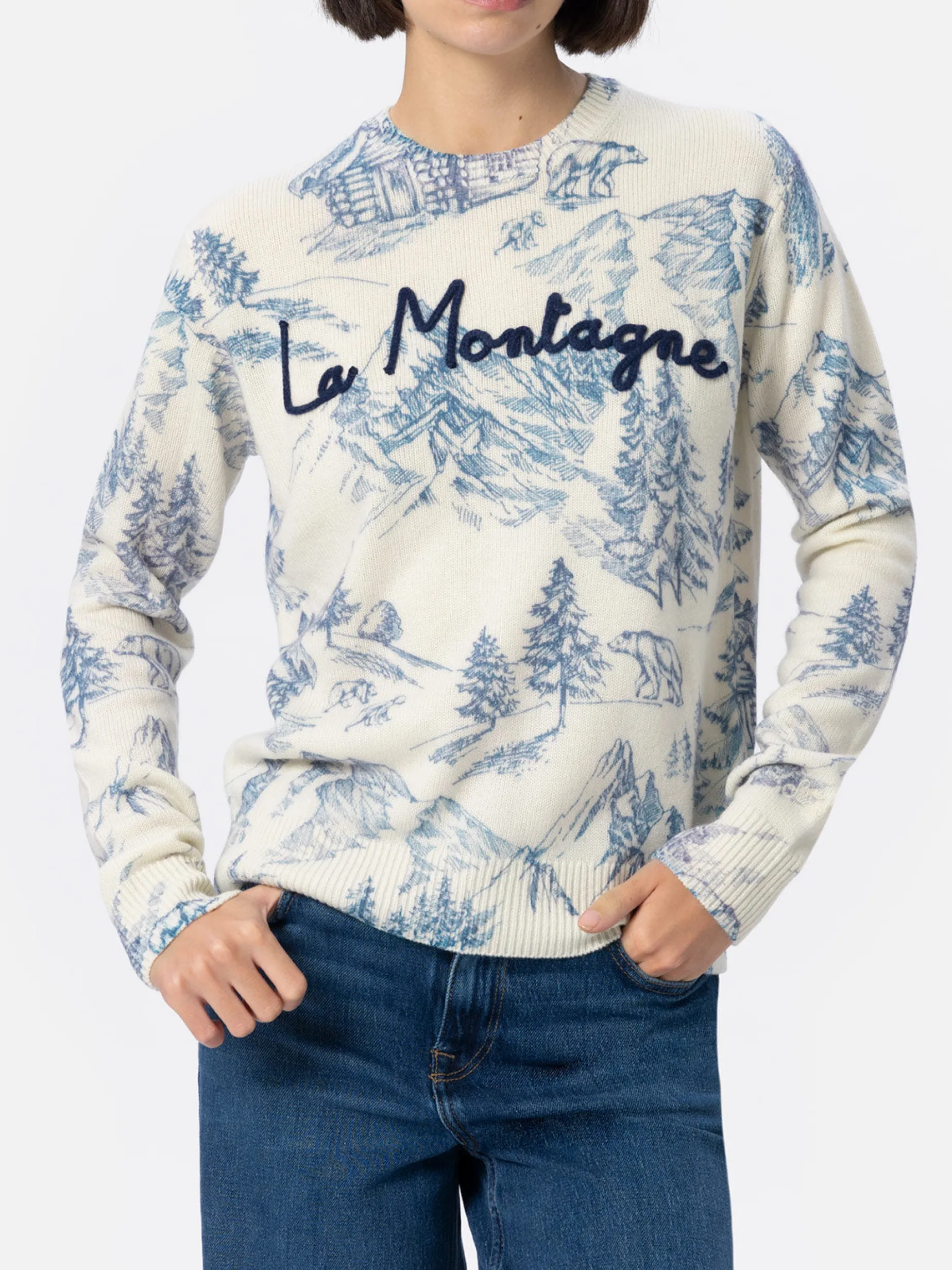 Weißer Damenpullover New Queen mit Toile de Jouy-Druck und La Montagne-Stickerei