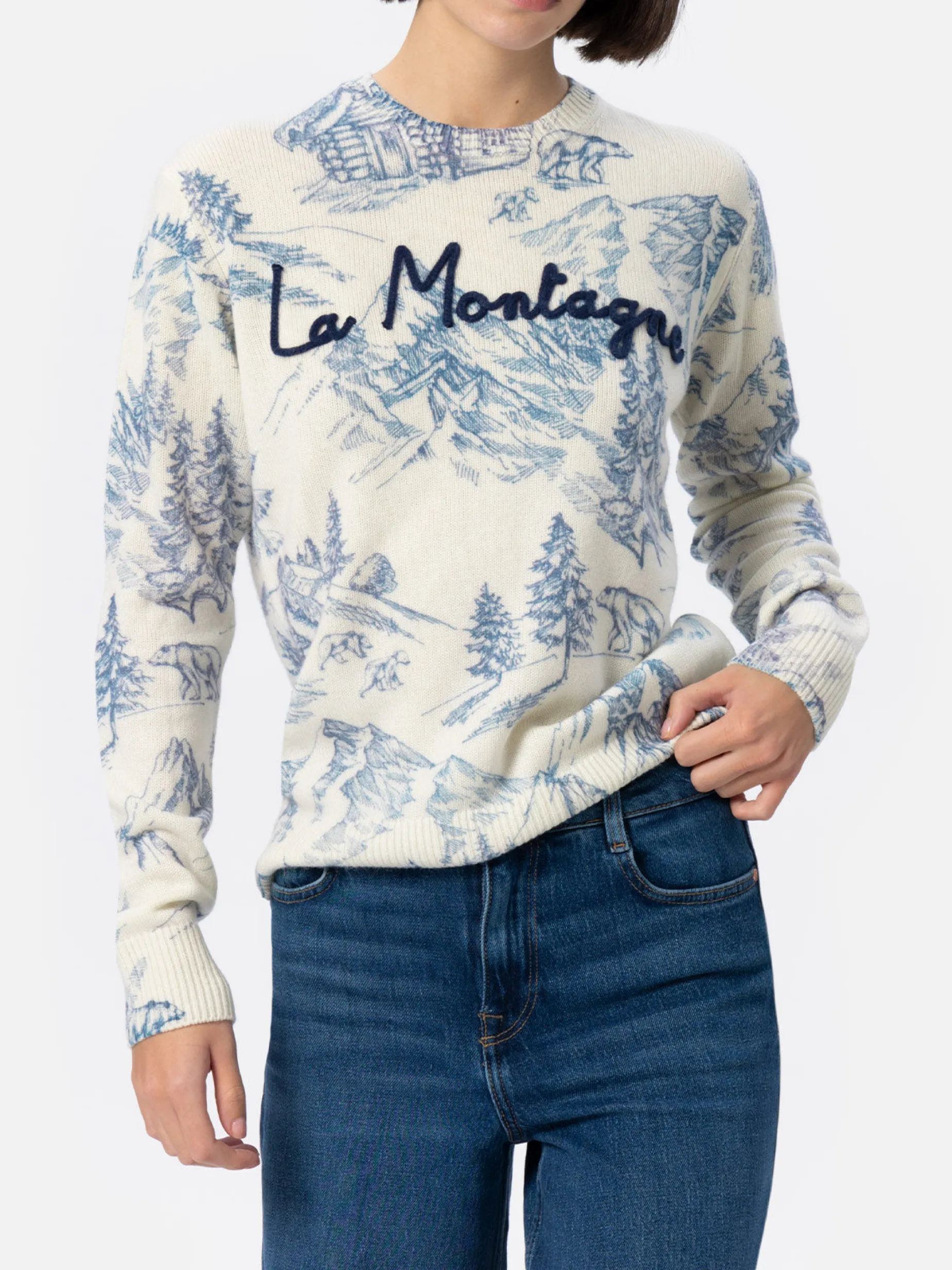 Weißer Damenpullover New Queen mit Toile de Jouy-Druck und La Montagne-Stickerei