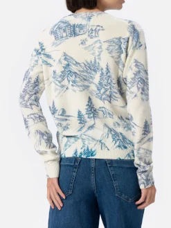Weißer Damenpullover New Queen mit Toile de Jouy-Druck und La Montagne-Stickerei