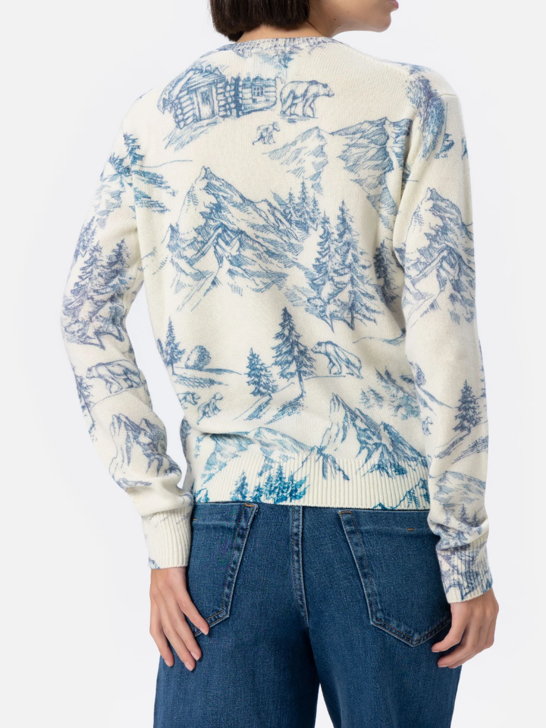 Weißer Damenpullover New Queen mit Toile de Jouy-Druck und La Montagne-Stickerei