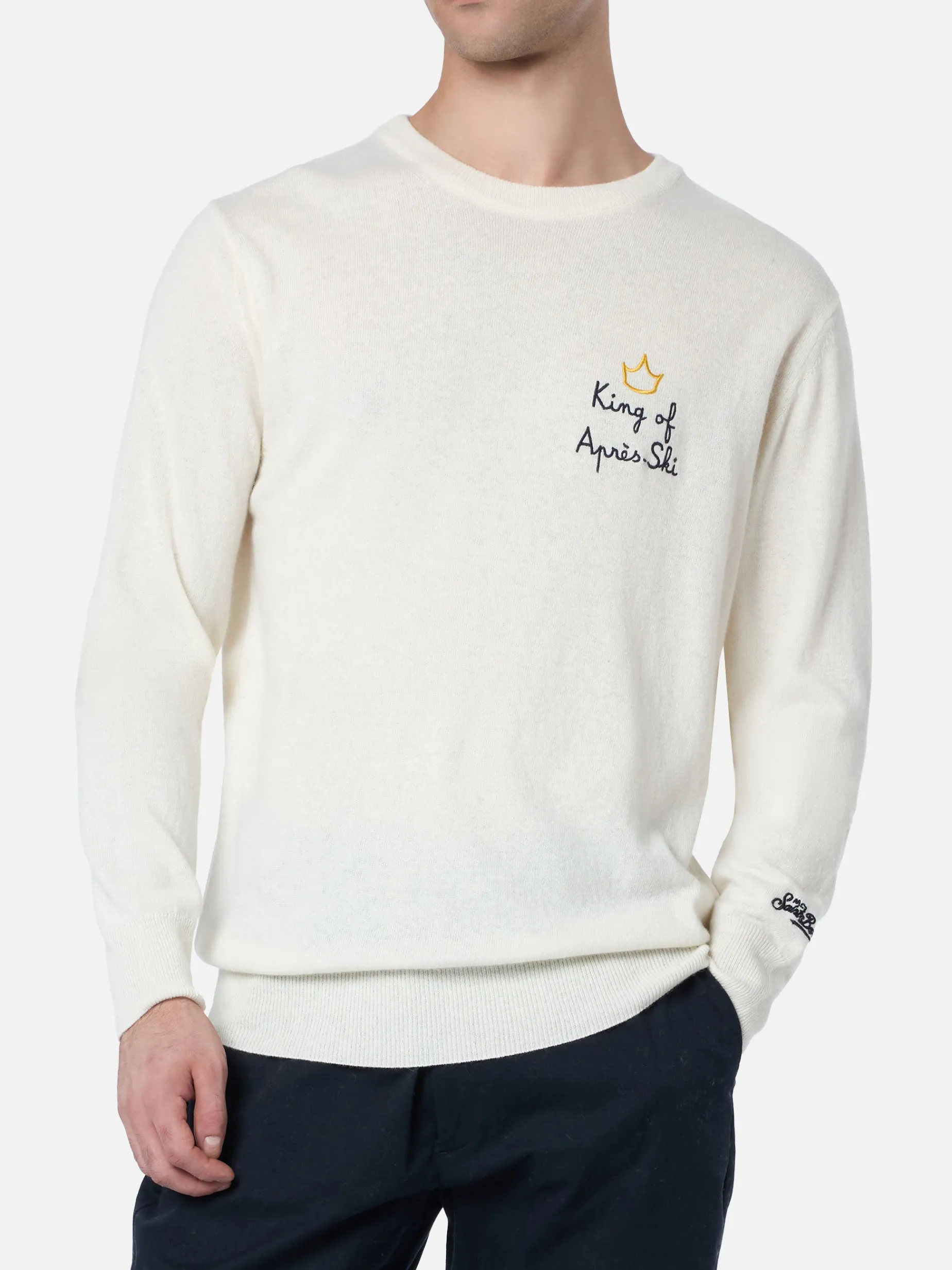 Weißer Herrenpullover Heron mit King of Après-Ski-Stickerei