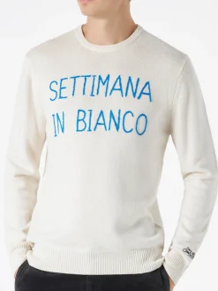 Weißer Herrenpullover mit Settimana in Bianco-Stickerei